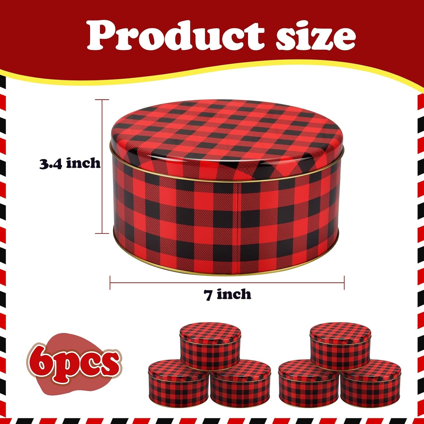 6 Latas Metal Redondas 7pulg para Galletas Regalo Rojo Negro