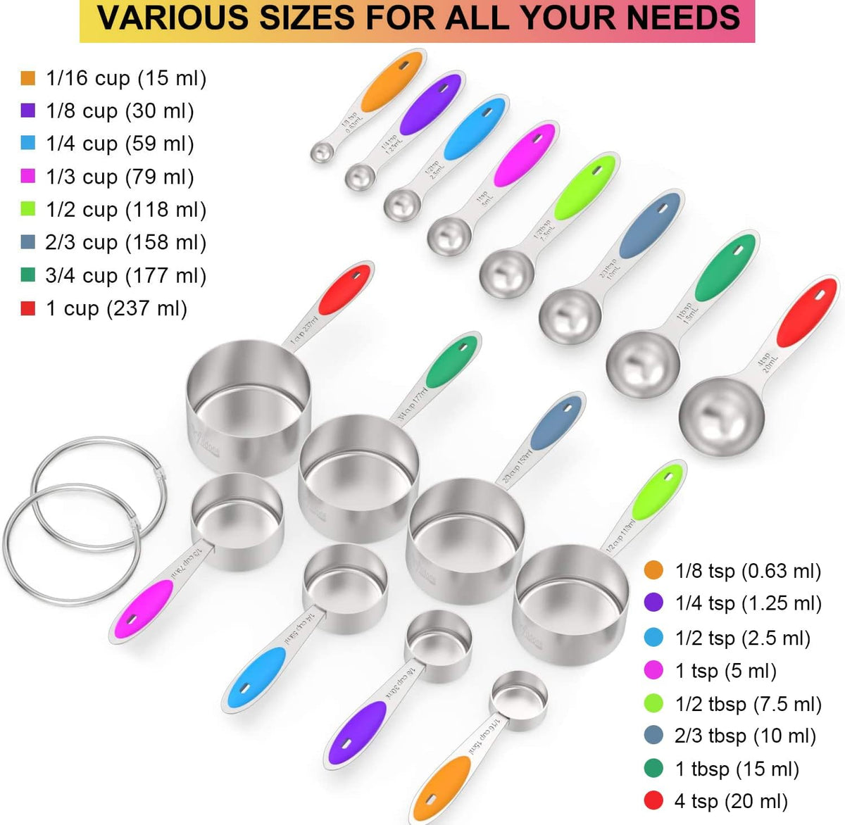 Set 16 Tazas y Cucharas Acero Inox con Mango Silicona