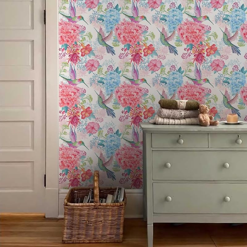 Papel tapiz vintage hortensias colibrí autoadhesivo