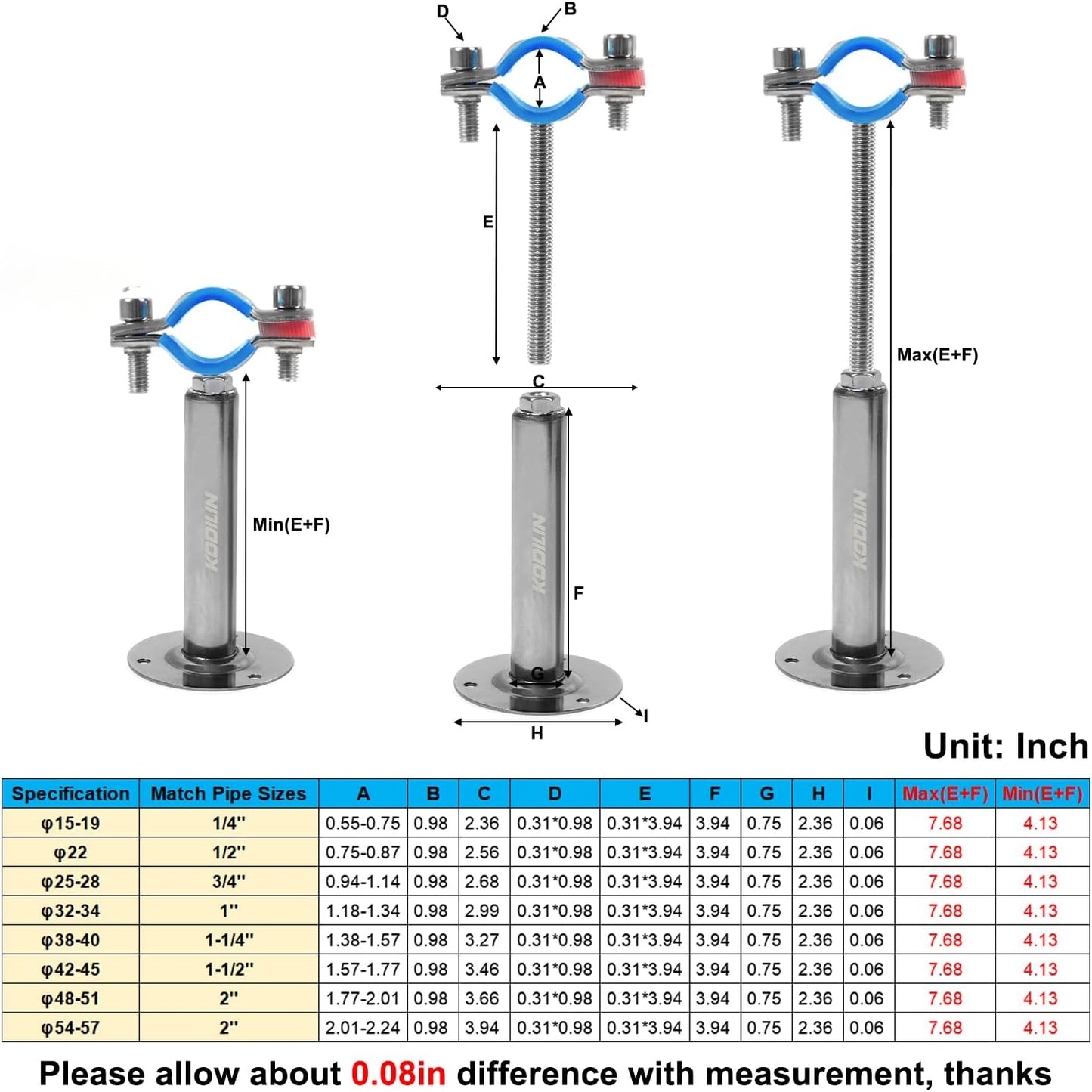 4 Soportes Tubo Acero Inox 304 para 3/4pulg Ajustables