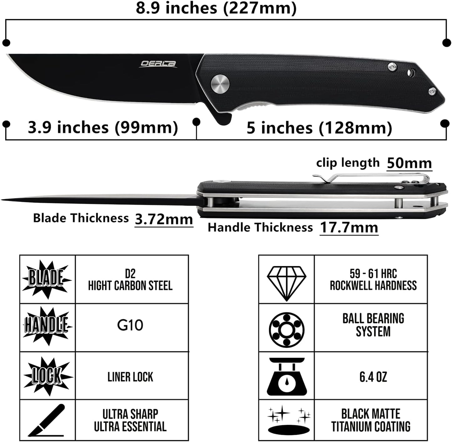 Cuchillo plegable 3.9" acero D2 mango G10 clip bolsillo