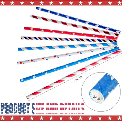 150 Pajitas 4 de Julio con Bandera Rojo Blanco Azul y Palillos Dientes