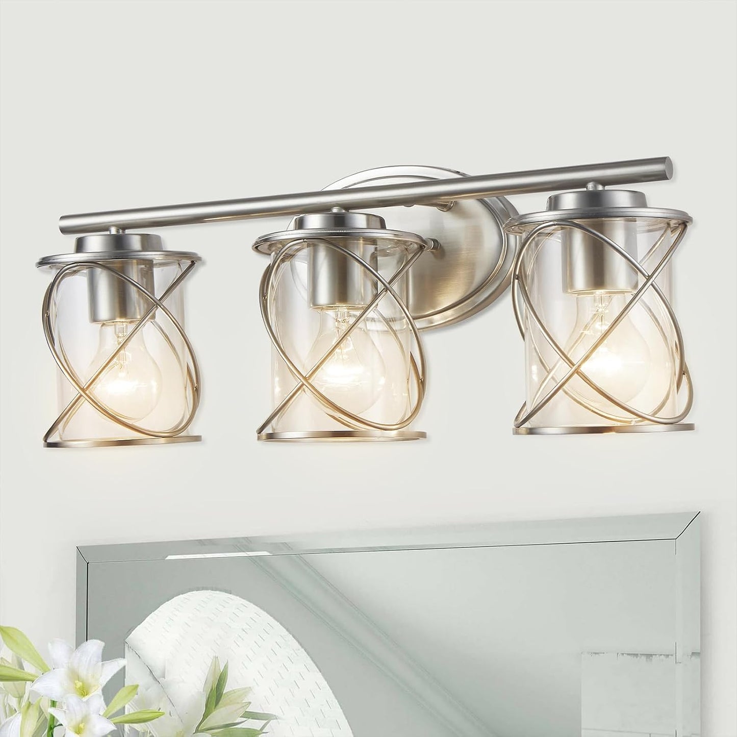 3 Luces Tocador Níquel Vidrio Transparente Baño