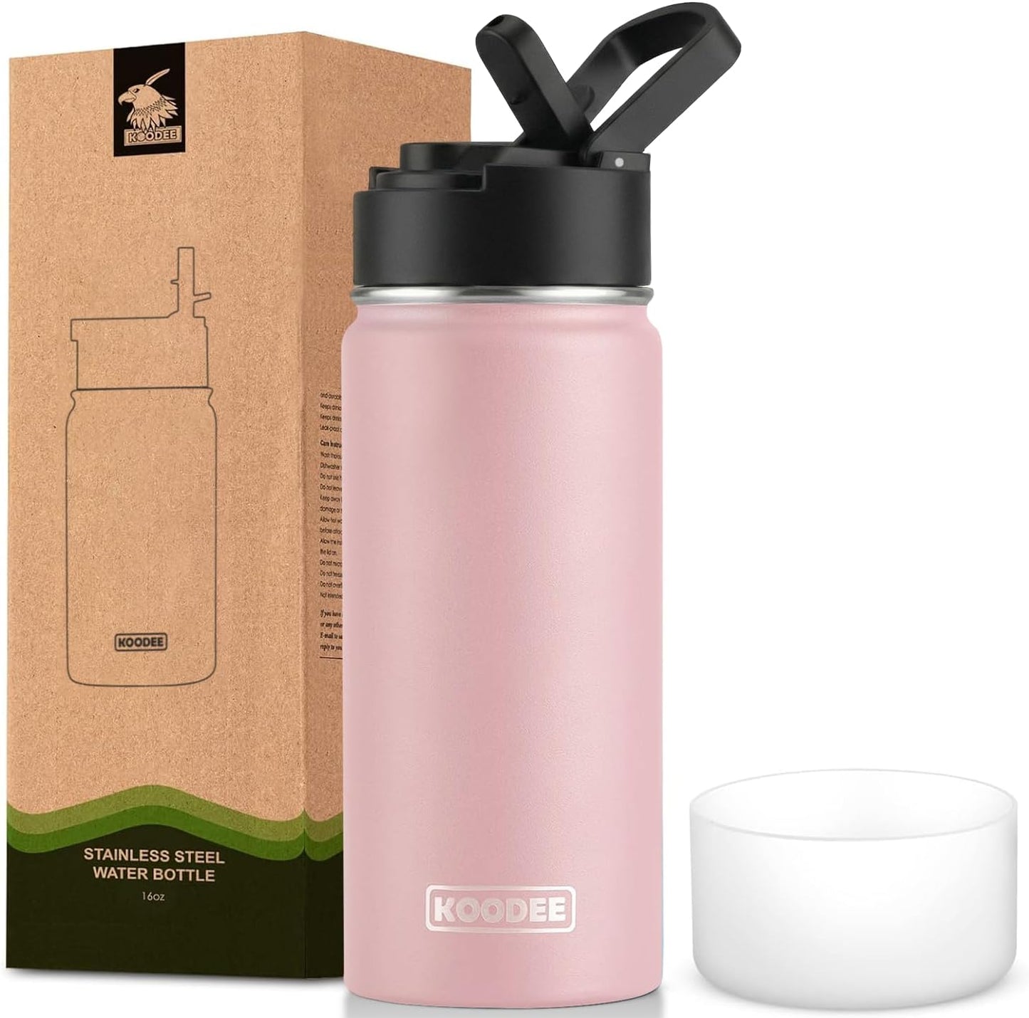 Botella agua acero inox doble pared 16oz tapa popote rosa