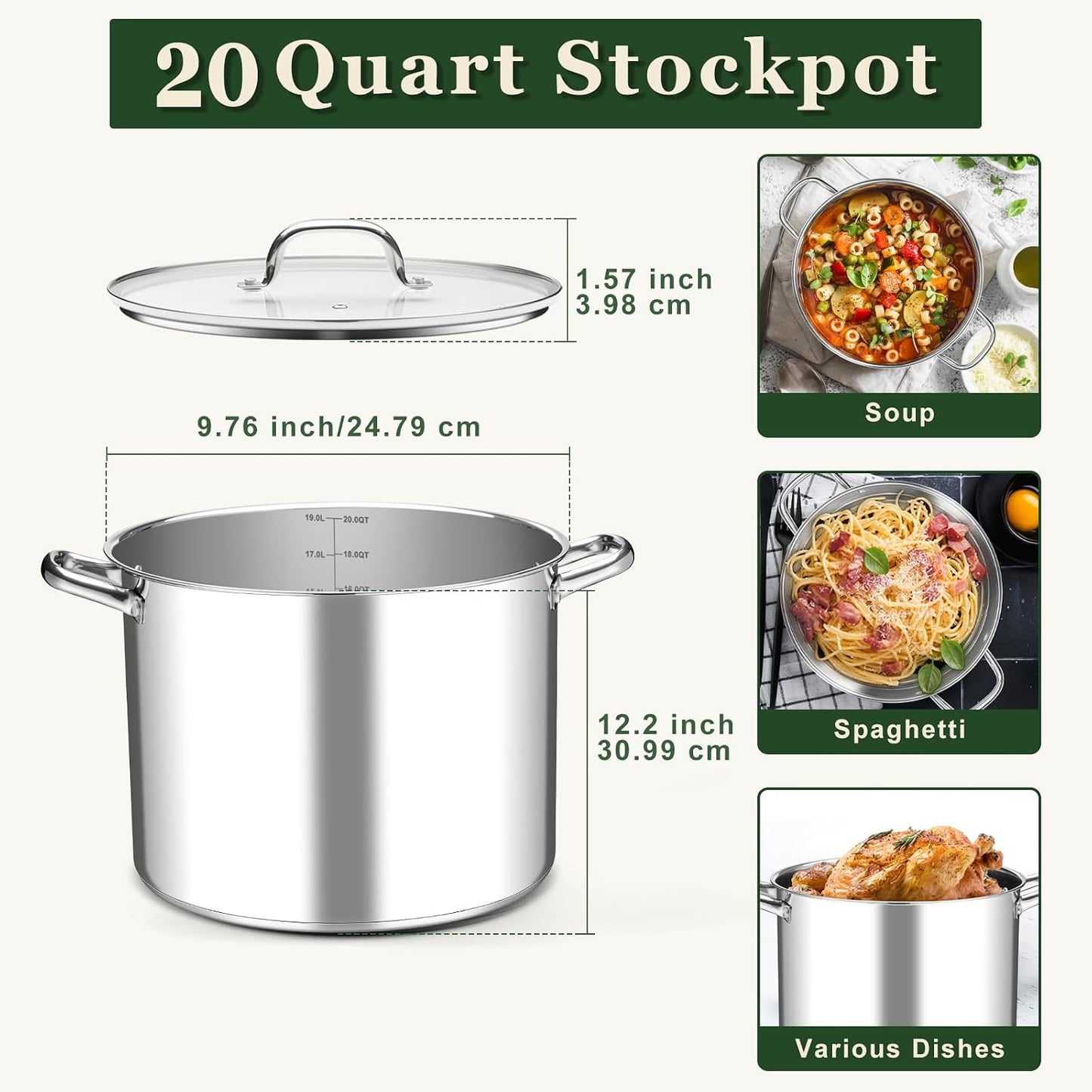 Olla 20qt acero inox 18/10 con tapa antiadherente