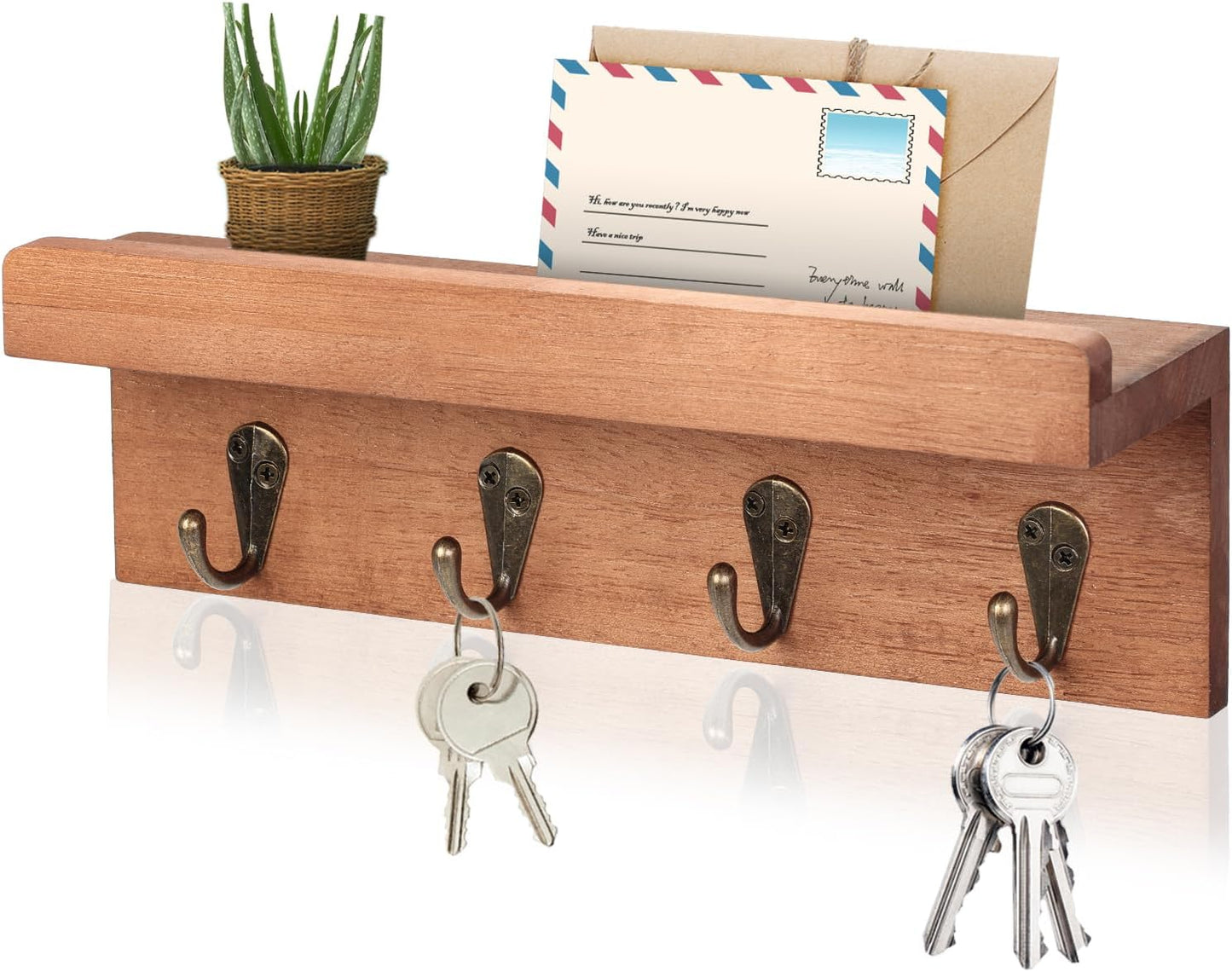 Soporte llaves pared estilo granja con 4 ganchos madera