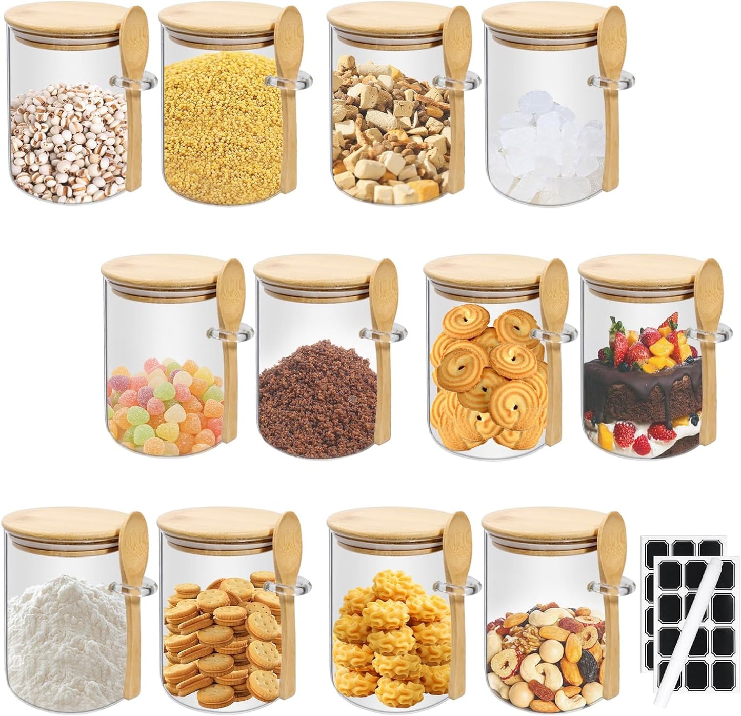 12 Tarros Vidrio con Tapas y Cucharas Bambú 17oz para Cocina