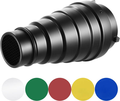 Kit snoot aluminio con rejilla y 5 filtros gel para Bowens