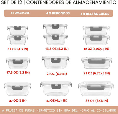 24 Recipientes Vidrio Borosilicato con Tapas Herméticas
