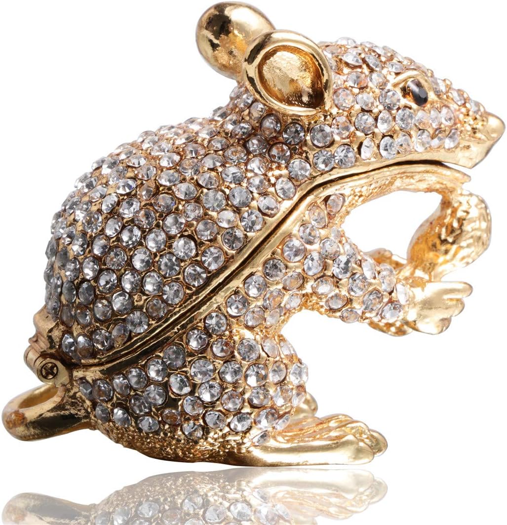 Caja joyería ratón dorado con diamante blanco soporte anillo