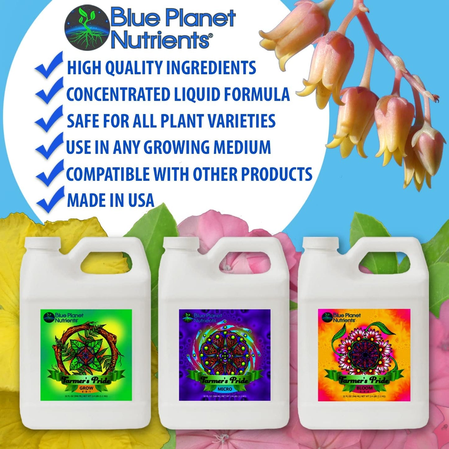 Juego fertilizantes orgánicos 32oz 3 partes para plantas y jardines