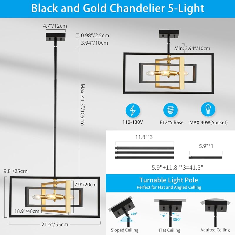 Lámpara colgante geométrica 5 luces negro y dorado