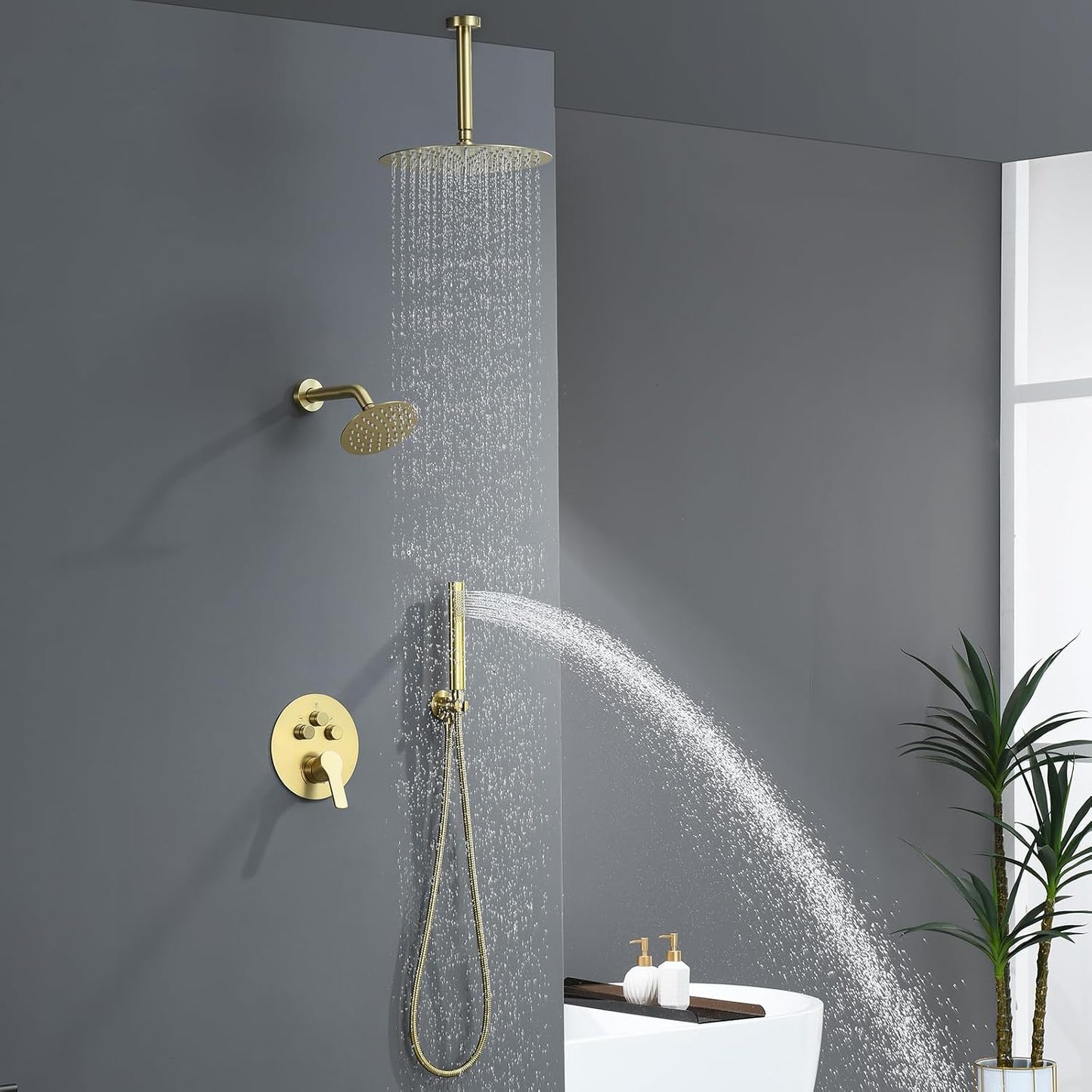 Set ducha dorado cepillado 12pulg con lluvia y baño de mano