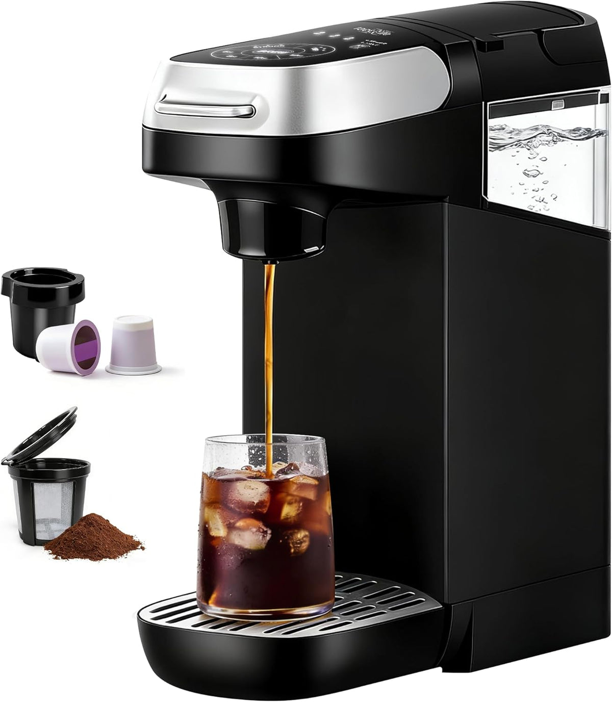 Cafetera de una sola porción con taza K y molidos, diseño compacto