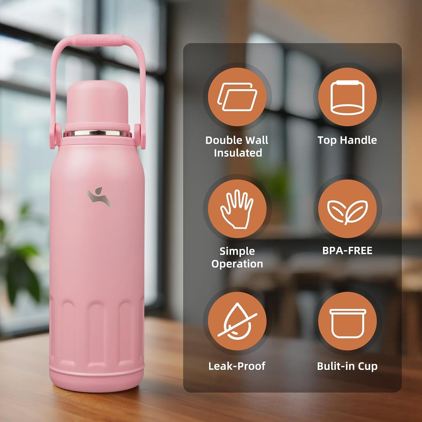 Botella agua aislada asa correa 50oz rosa