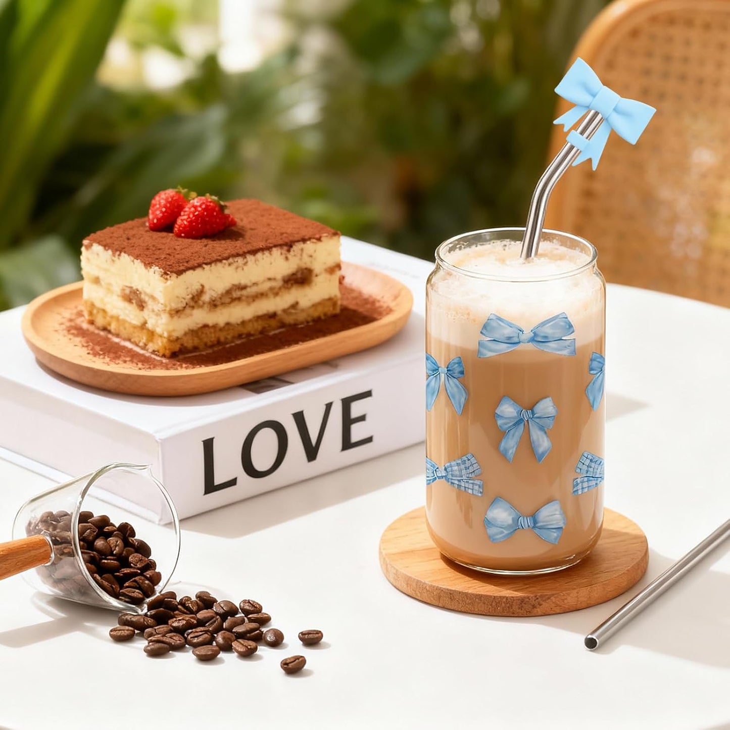 Tazas vidrio lazo azul con tapas pajitas diseño femenino