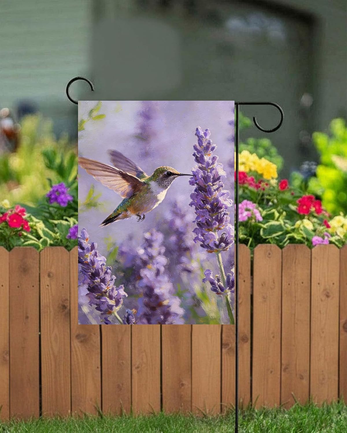 Bandera doble cara colibrí lavanda 12x18" decorativa