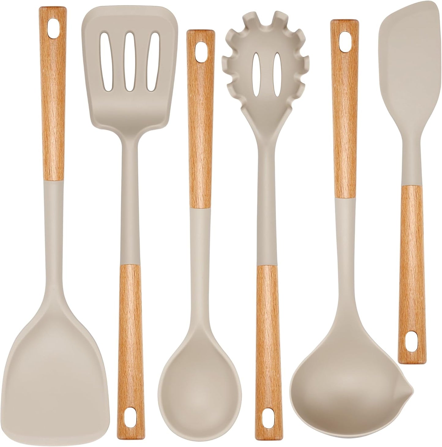 Set 6 Utensilios Cocina Silicona Antiadherente Mango Madera