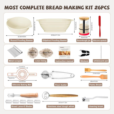Kit masa madre 26 pzas frasco 34oz cestas silicona Banneton