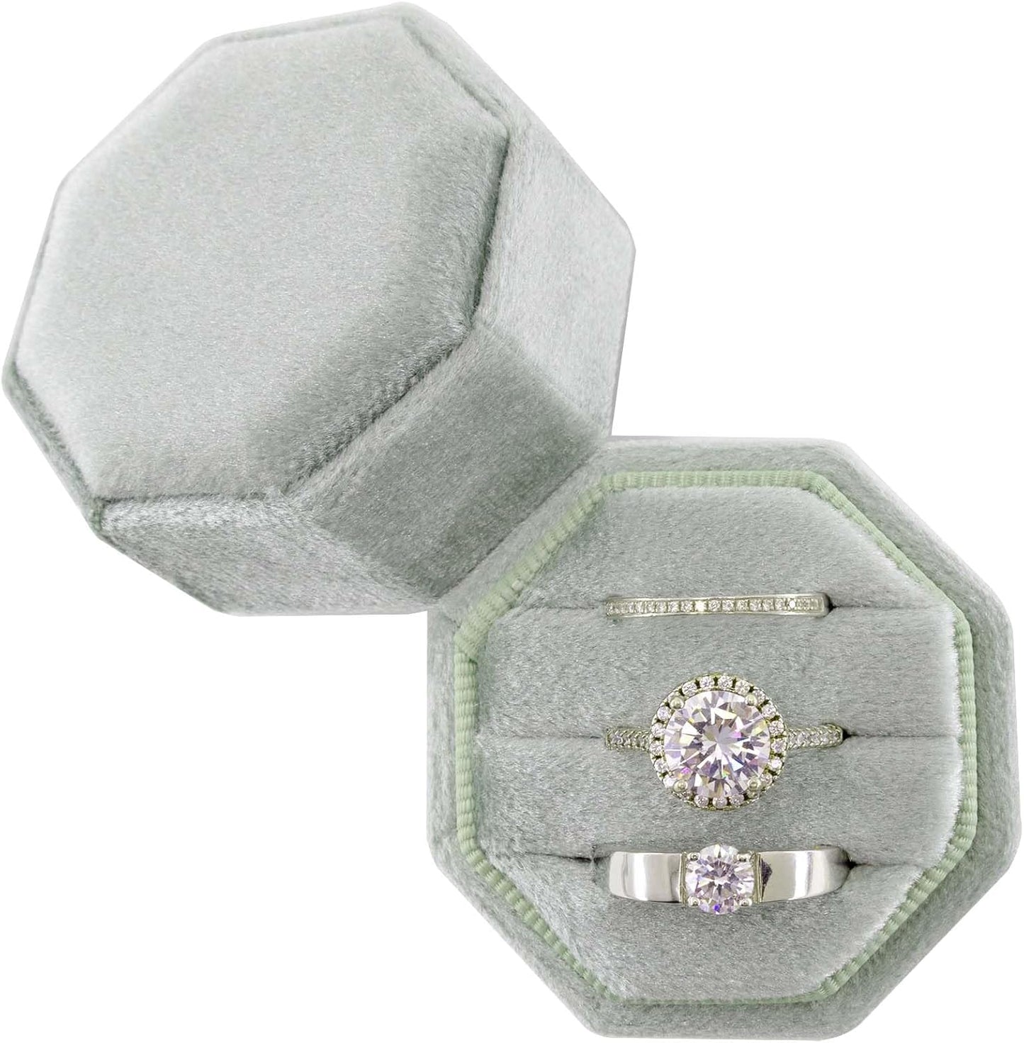 Caja terciopelo 3 ranuras anillos boda verde
