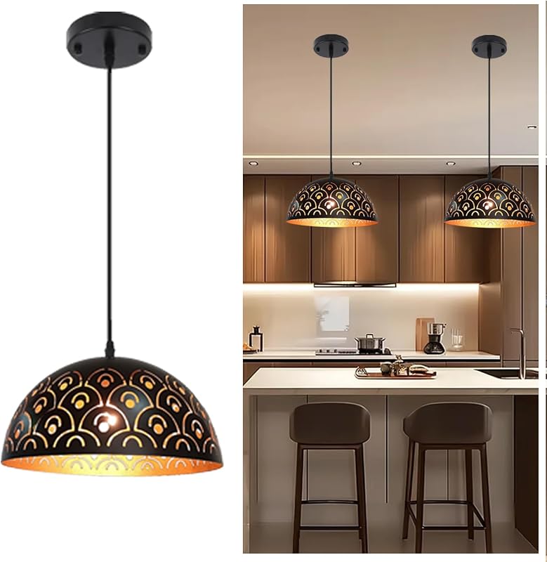 Lámpara colgante cocina vintage cúpula negra y dorada E26