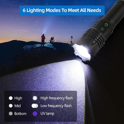 Linterna recargable USB C 6000 lúmenes zoom 6 modos impermeable