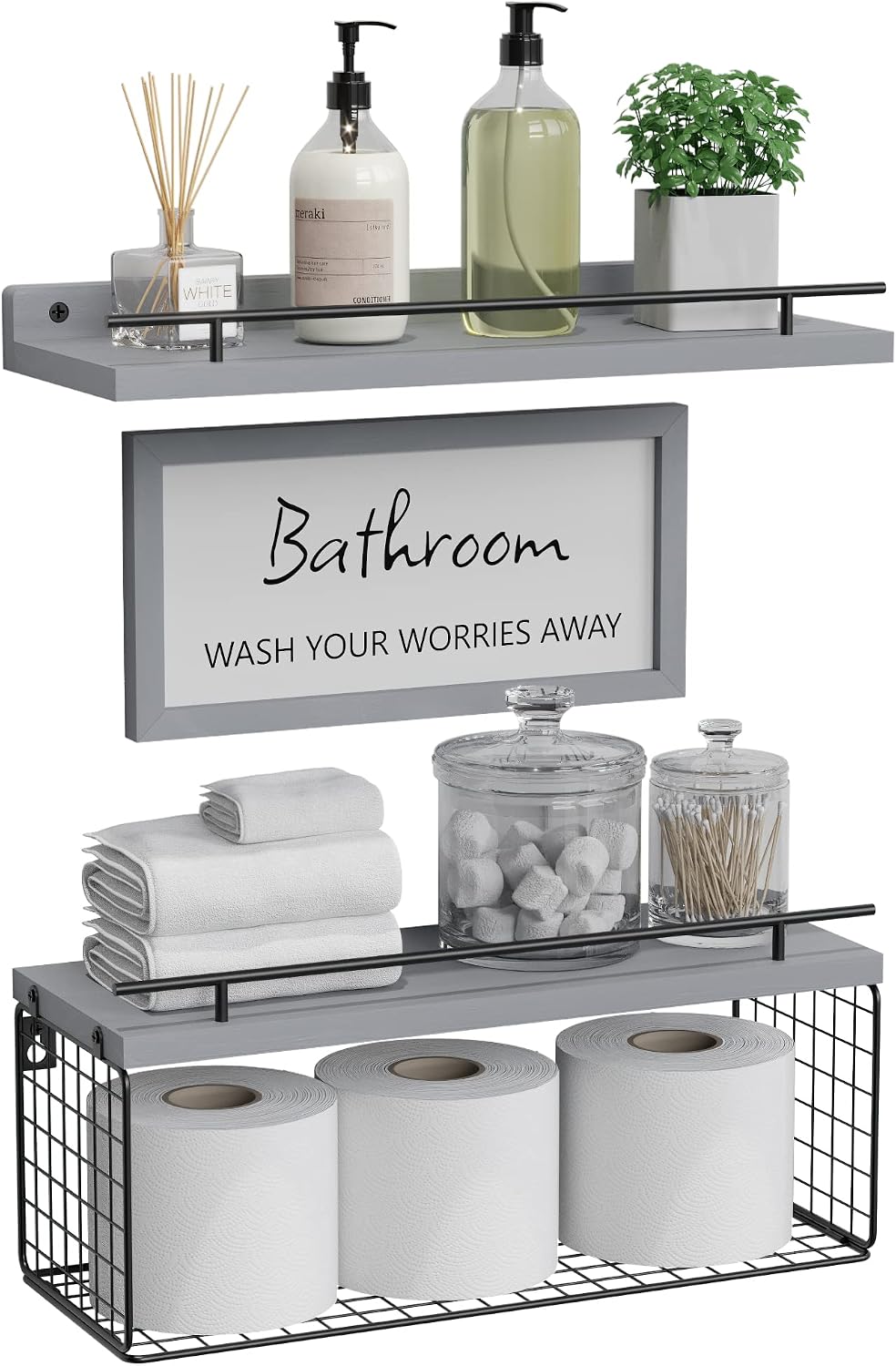 Estantes flotantes baño con barandilla metal gris moderno