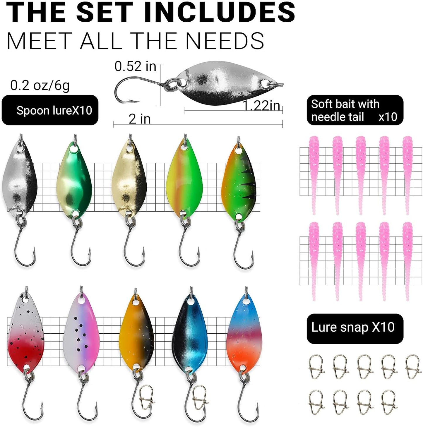 Kit 10 cucharas metal y señuelos plástico pesca