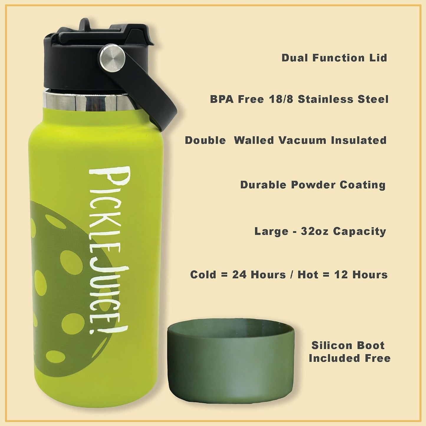 Botella agua Pickleball 32oz acero inox tapa popote