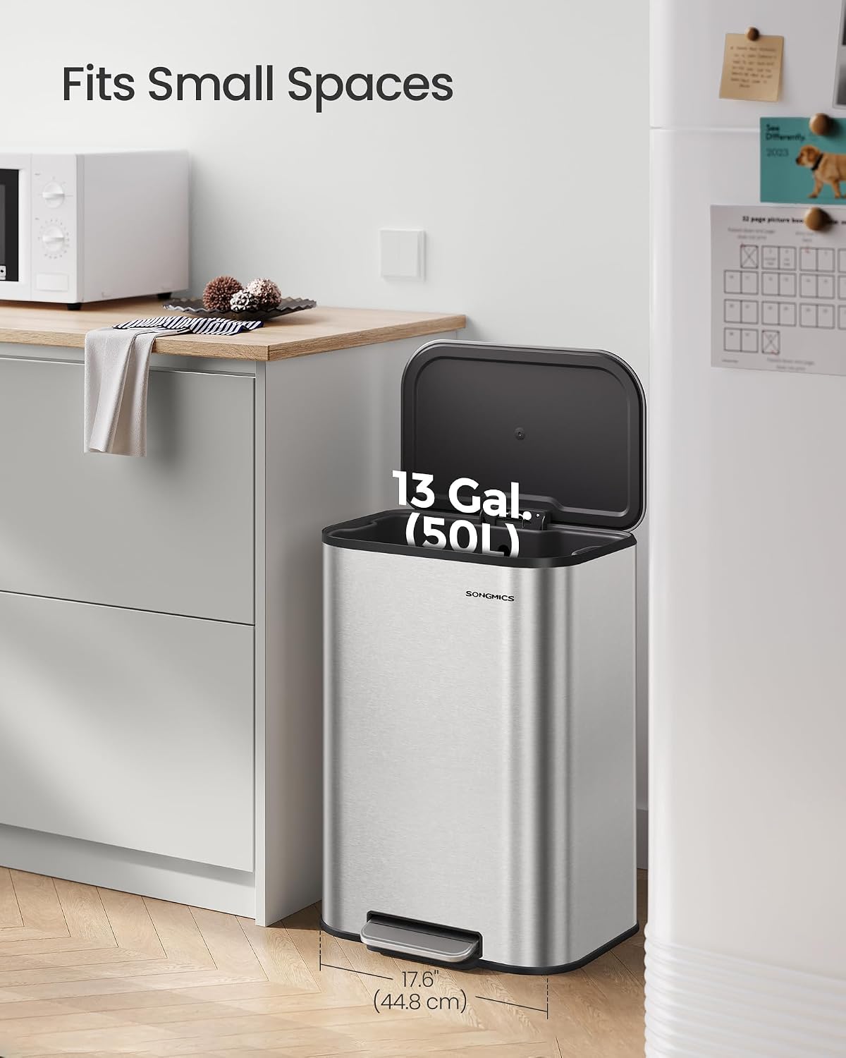 Bote basura cocina 50L acero inox cierre pedal plateado