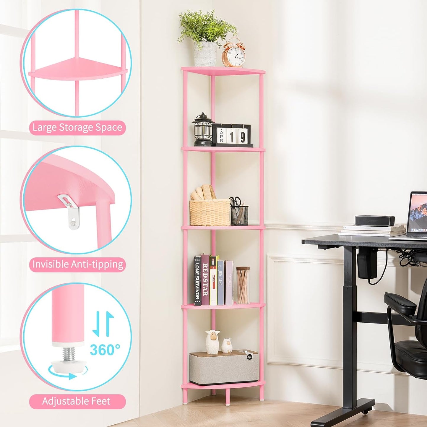 Estante esquinero 5 niveles 65pulg rosa dormitorio oficina