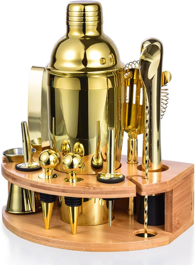 Kit Barman Soporte Bambú 12 Pzas Coctelera 25oz Acero Inox
