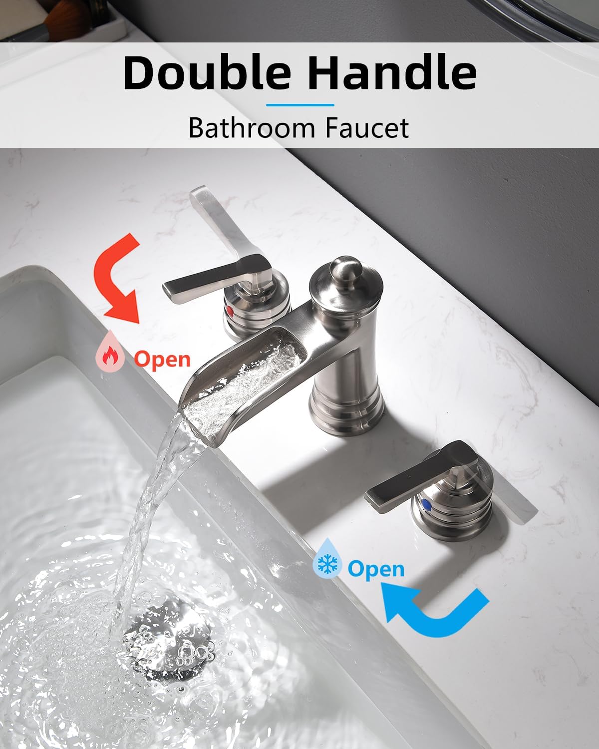 Grifo baño níquel cepillado 8pulg 2 manijas con desagüe