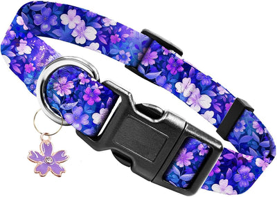 Collar para perro ajustable de nylon con flores moradas