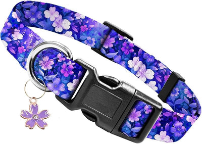 Collar para perro ajustable de nylon con flores moradas