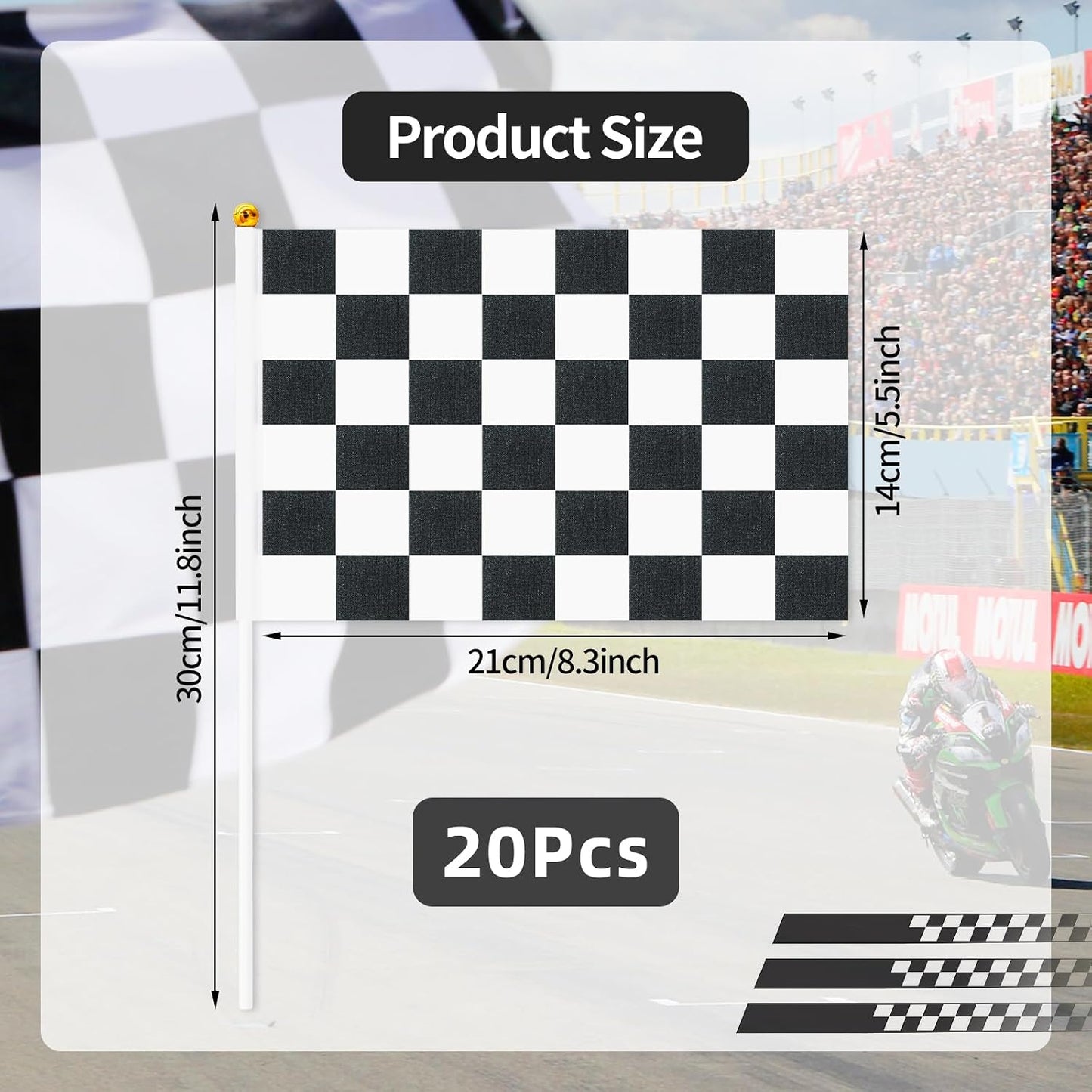 20 Banderas Carreras Cuadros 5x8pulg Mini Blancas y Negras