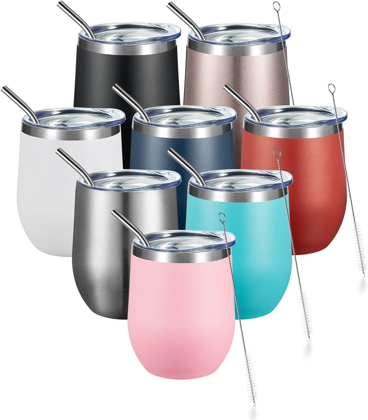 Vaso acero inox doble pared 12oz con tapa y pajita set 8