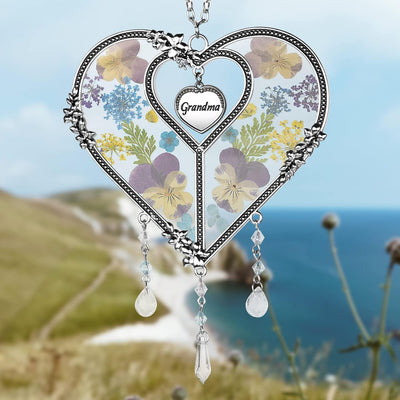 Atrapasoles corazón flores prensadas regalo mamá abuela azul