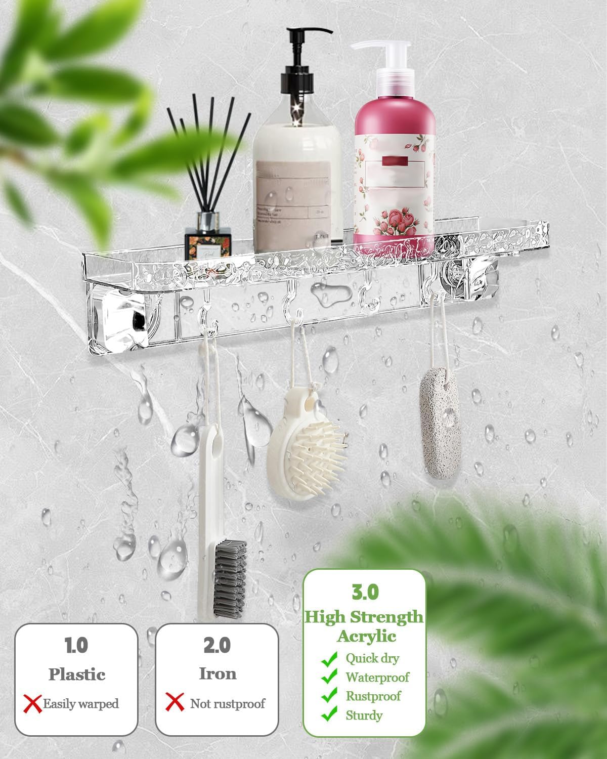 Organiz. ducha adhesivo acrílico sin perforar con ganchos