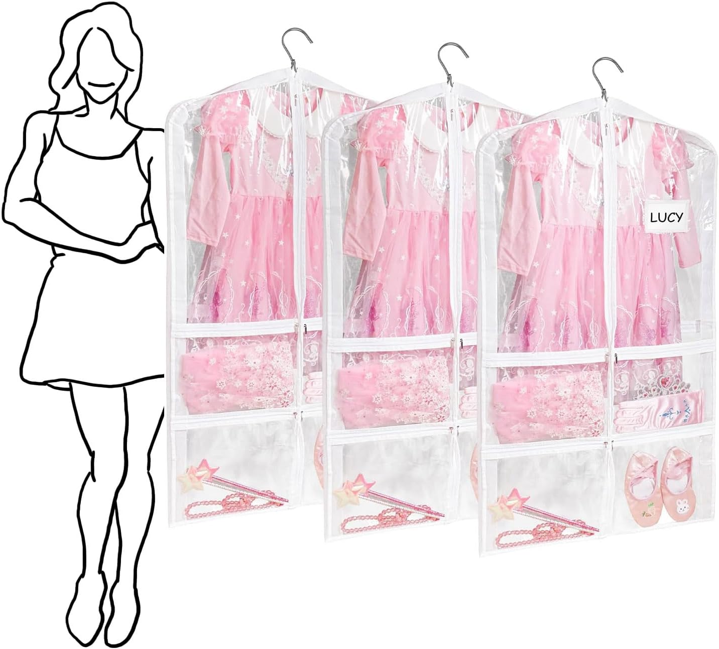 Bolsa ropa transparente PVC 40pulg con 5 bolsillos cremallera