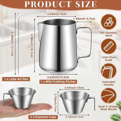 Kit 4 Accesorios Espresso Taza Asa Jarra Leche Acero Inox