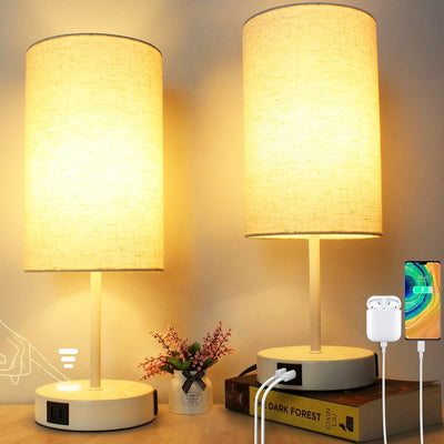 2 Lámparas Mesa Noche Control Táctil 3 Vías USB Blanca