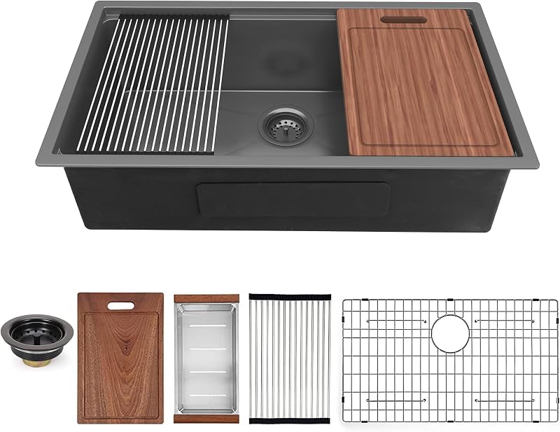 Fregadero cocina 32pulg negro con estación trabajo