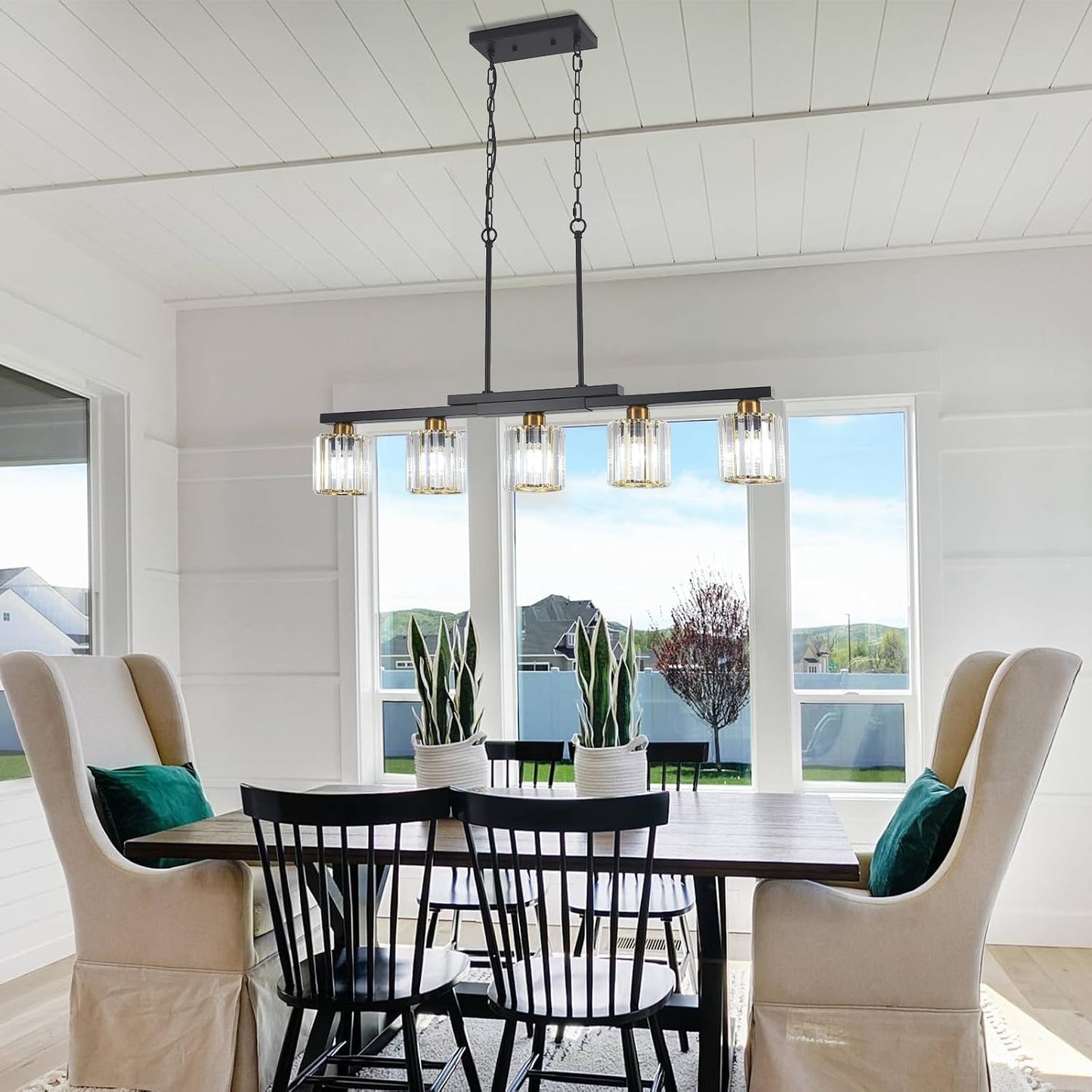 Lámpara isla cocina 5 luces candelabro negro cristal
