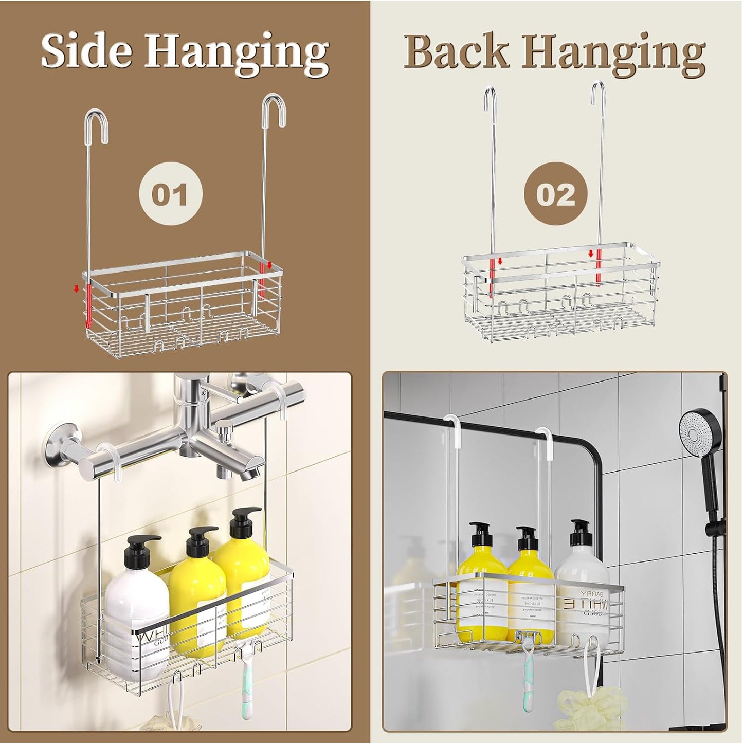 Organiz. ducha colgante con ganchos y cesta