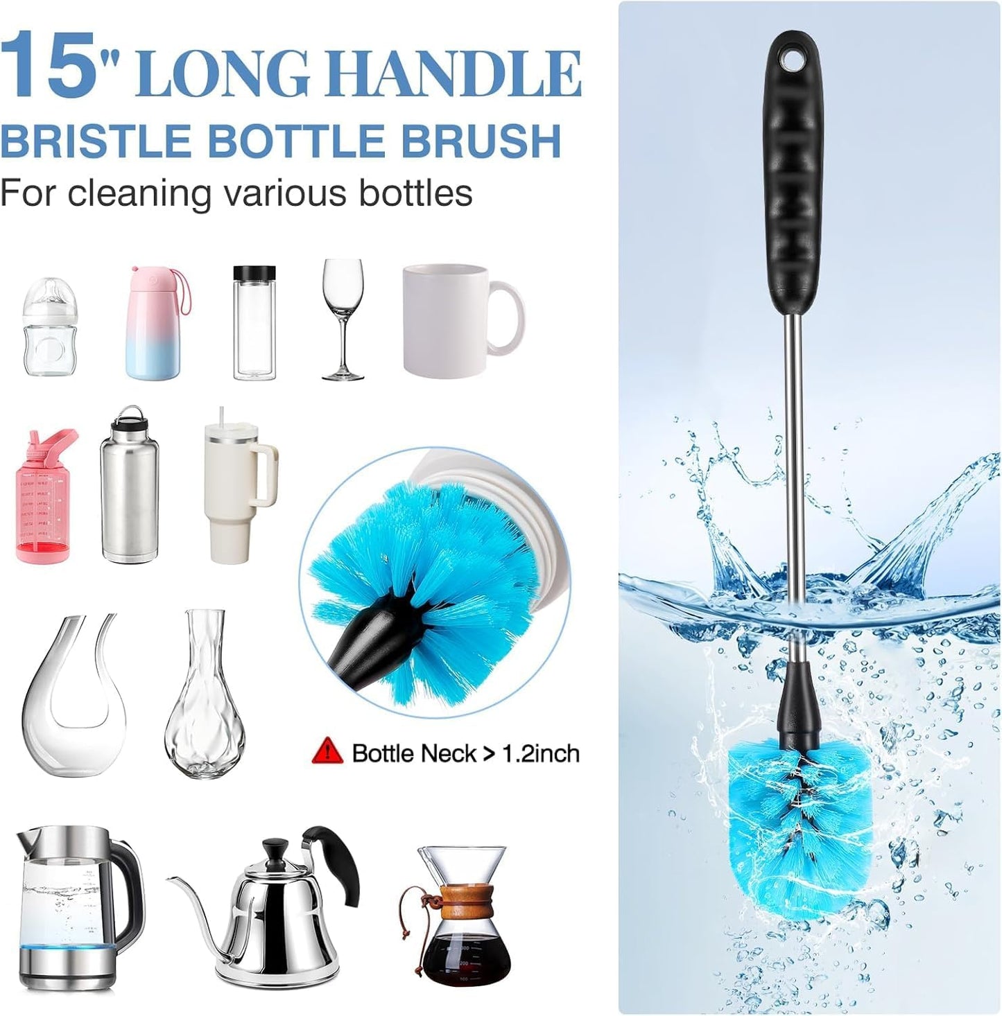 Juego 3en1 cepillos acero inox para botellas cuello estrecho