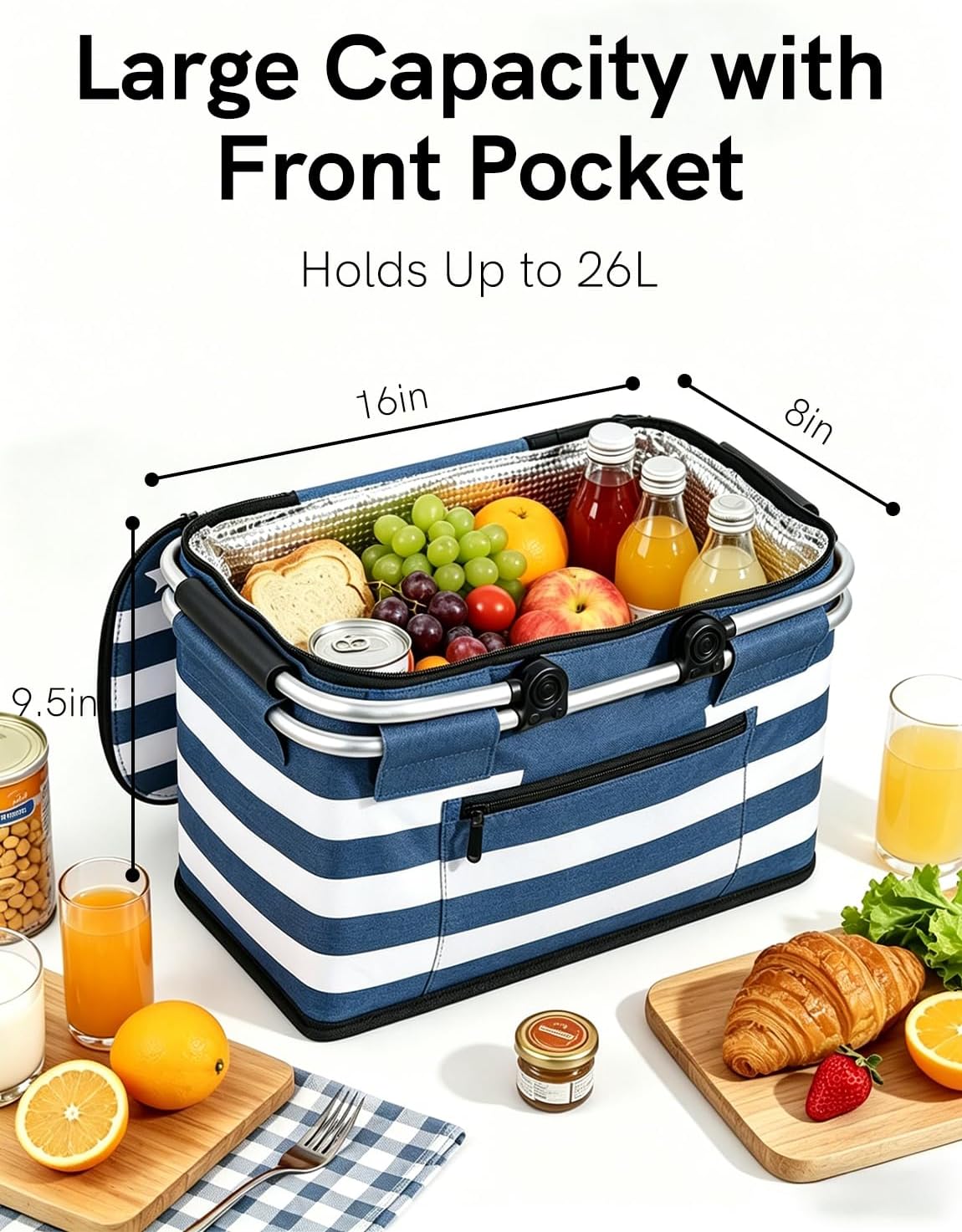 Cesta picnic aislada 26L con tapa 2 asas resistentes azul
