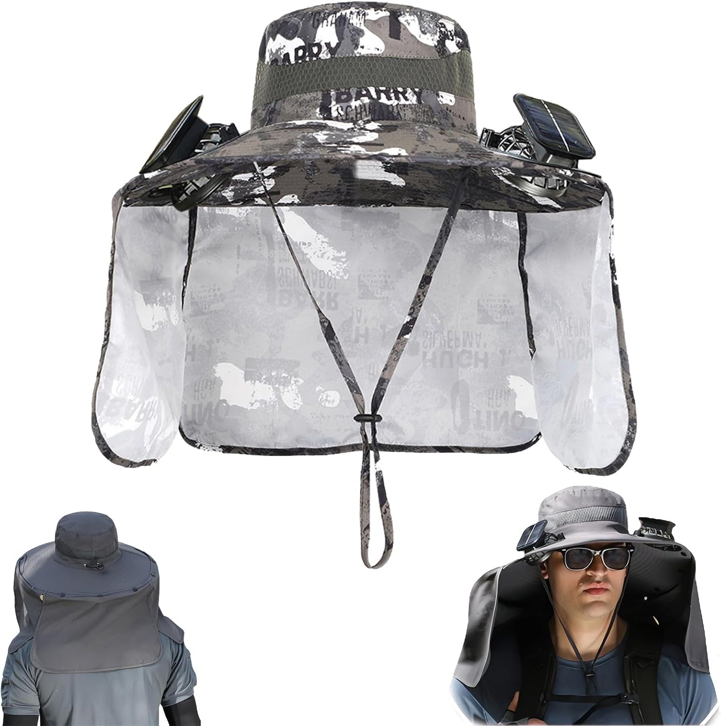 Sombrero pesca ala ancha con ventilador solar USB