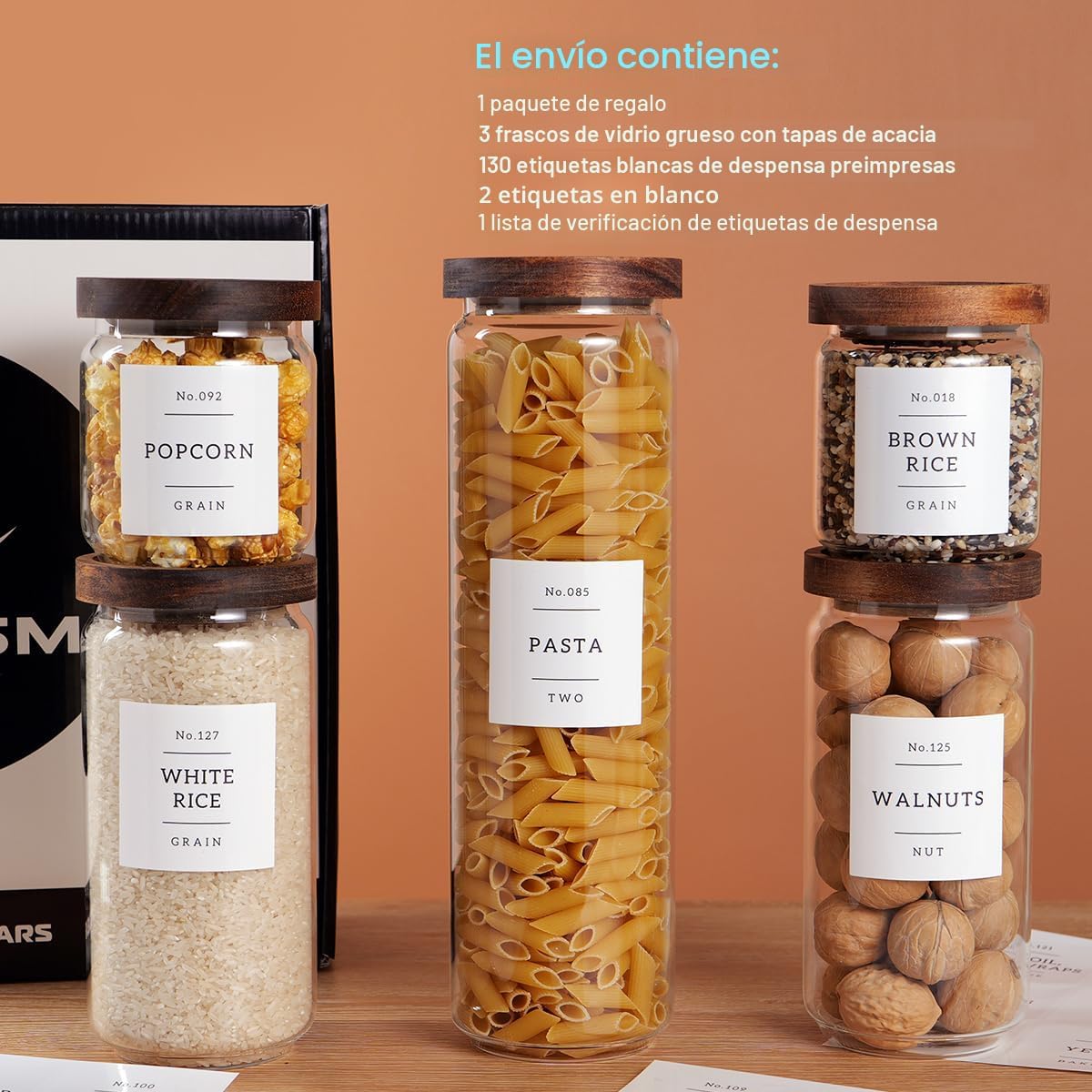 5 Pzas Tarros Vidrio Almacenamiento Con Tapa Hermética