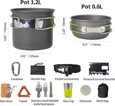 Kit utensilios cocina camping 16 pzas para 1-2 personas